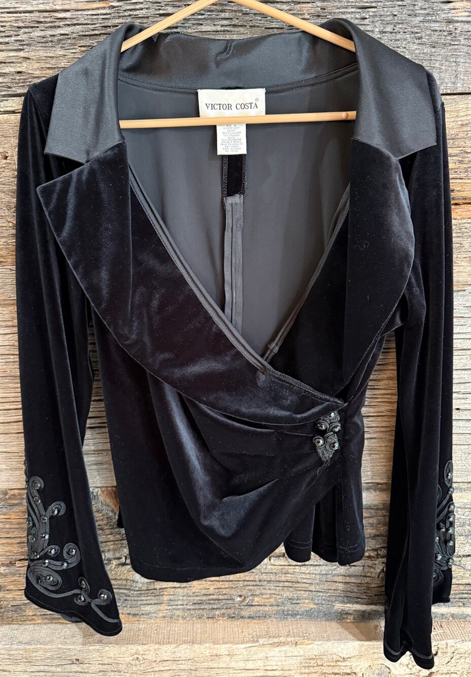 Victor Costa Black Velvet Rhinestone Embellished Draped Evening Top Size 10